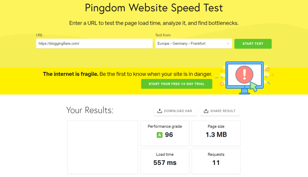 Pingdom website speed test result